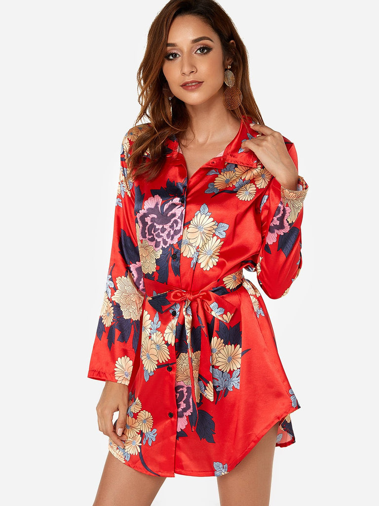 Long Sleeve Floral Print Belt Self-Tie Curved Hem Mini Dress