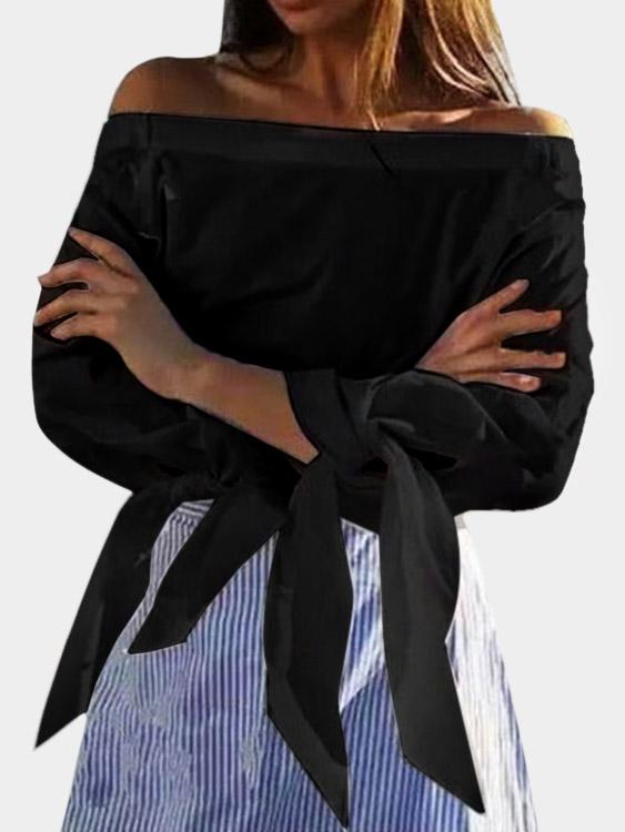 Off The Shoulder Plain Lace-Up 3/4 Sleeve Black Blouses