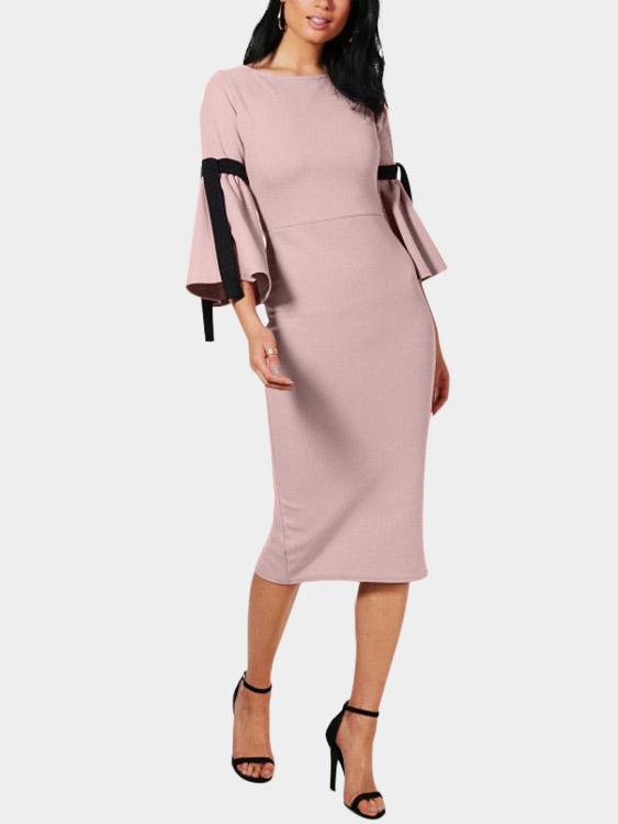 Pink Round Neck 3/4 Length Sleeve Plain Lace-Up Slit Hem Casual Dresses