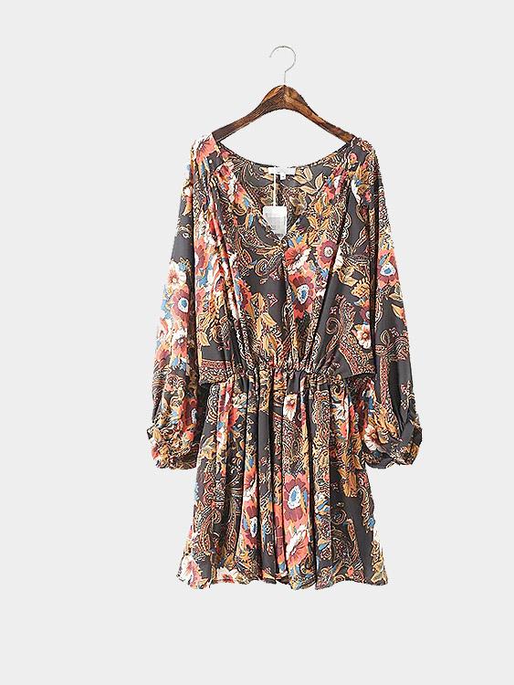 V-Neck Floral Print Ruffle Hem Mini Dress