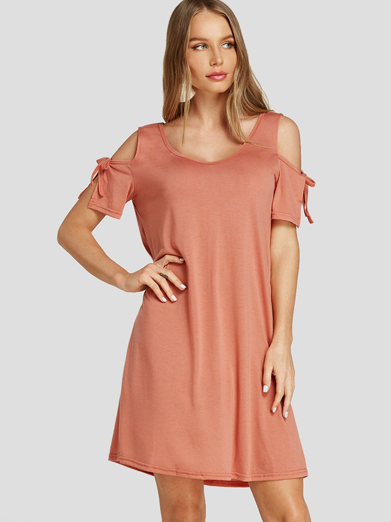 V-Neck Cold Shoulder Self-Tie Short Sleeve Coral Casual Dresses