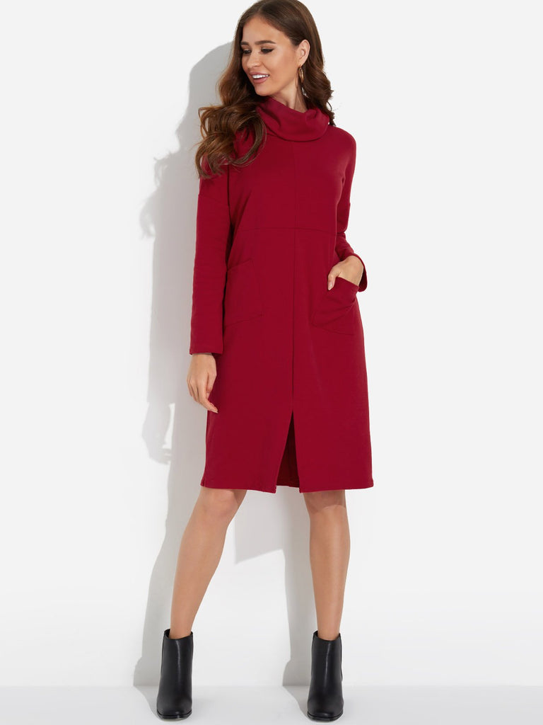 Roll Neck Side Pockets Long Sleeve Slit Hem Burgundy Midi Dress