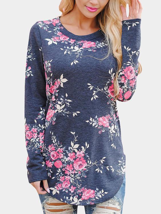 Round Neck Floral Print Long Sleeve Curved Hem Grey T-Shirts