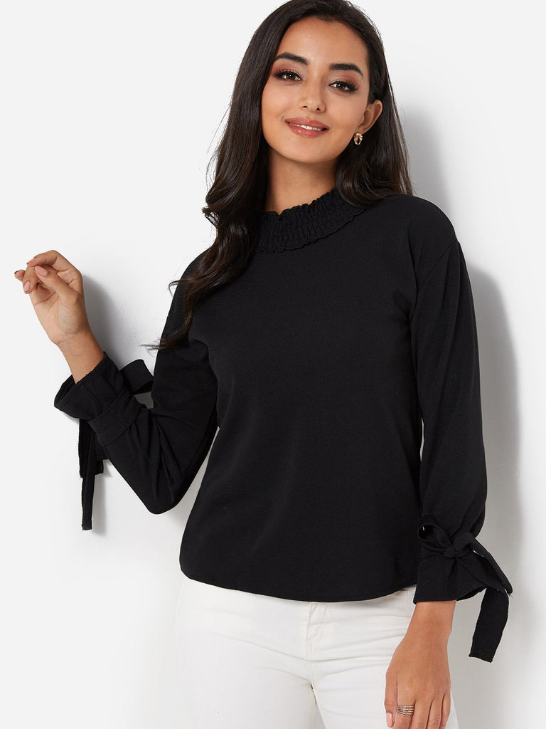 Perkins Collar Plain Pleated Long Sleeve Black T-Shirts