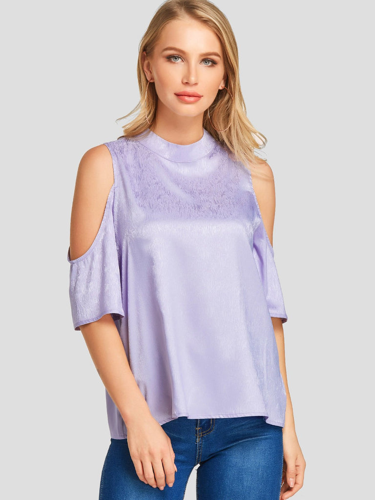 Cold Shoulder Plain Half Sleeve Purple Blouses