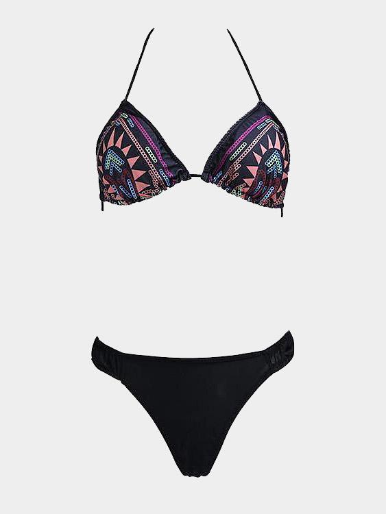 Sleeveless Black Totem Pattern Sequin Lace-Up 2 Piece Bikinis