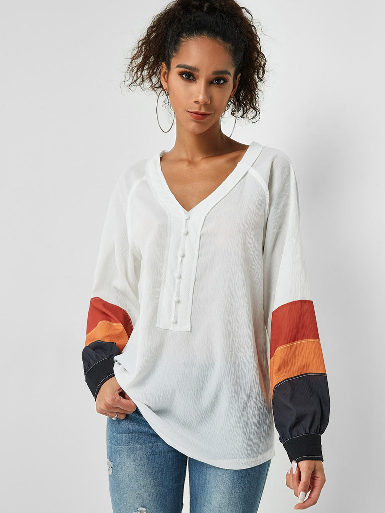 V-Neck Long Sleeve White Top