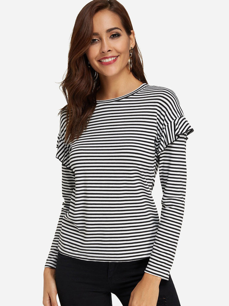 Round Neck Stripe Long Sleeve Black T-Shirts