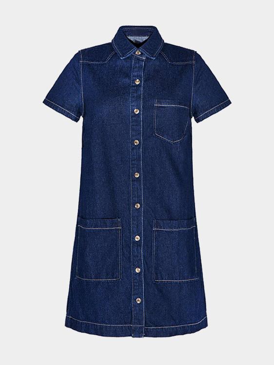 Blue Classic Collar Short Sleeve Cut Out Shirt Dresses