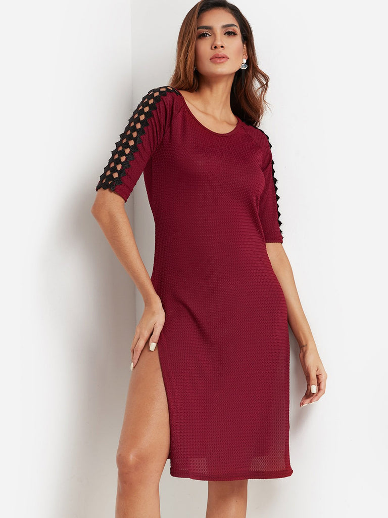 Burgundy Round Neck Half Sleeve Lace Cut Out Slit Hem Sexy Dress