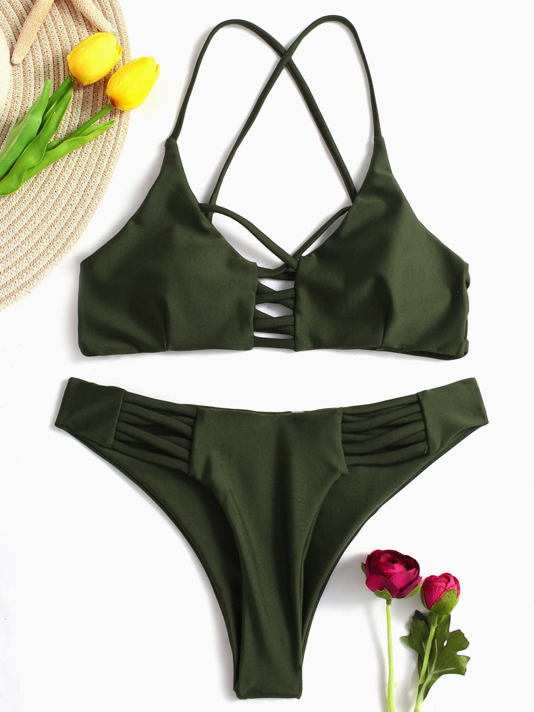 Green V-Neck Sleeveless Criss-Cross Two Piece Bikinis