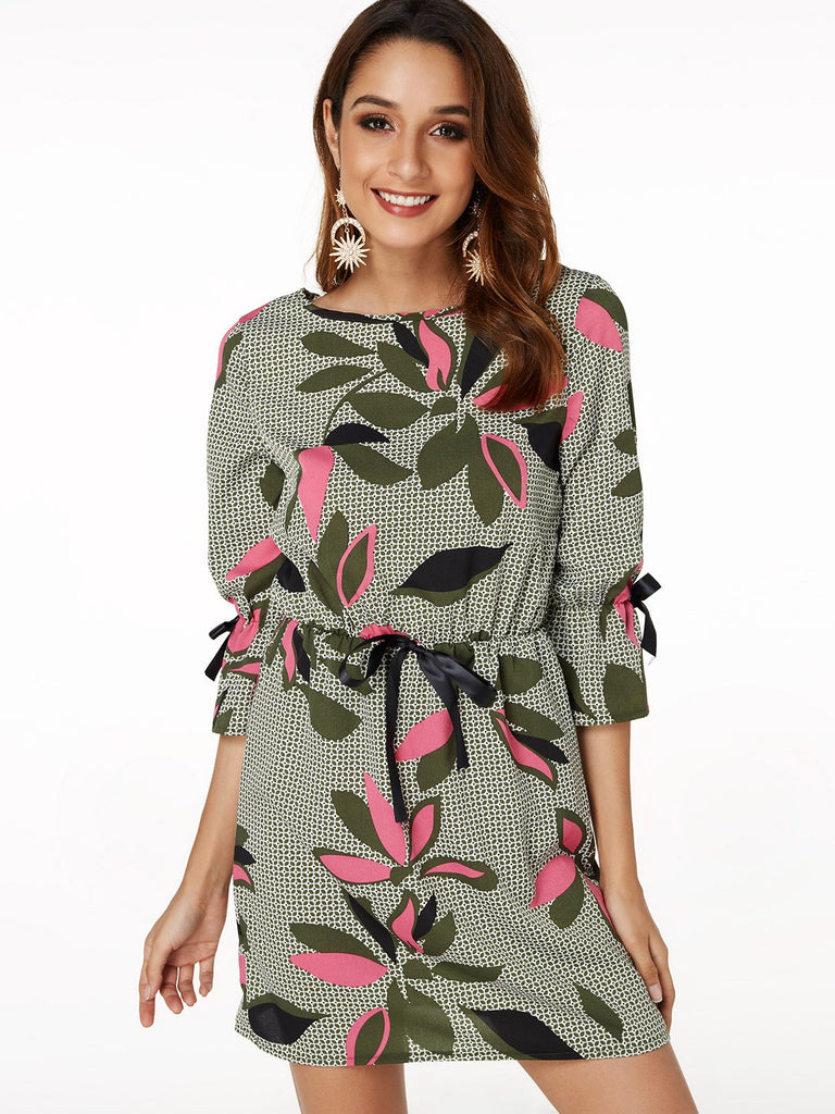Round Neck 3/4 Length Sleeve Floral Print Self-Tie 3/4 Length Sleeve Dress