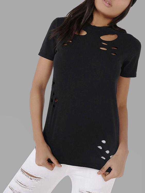 Cut Out Short Sleeve Black T-Shirts