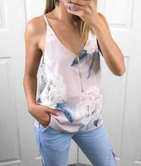 V-Neck Floral Print Zip Back Sleeveless Pink Camis