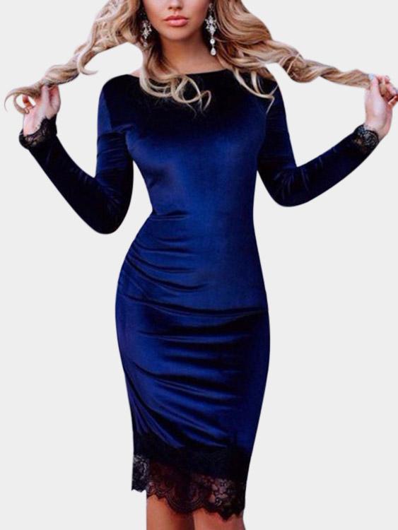 Blue Bateau Long Sleeve Lace Stitching Hem Midi Dress