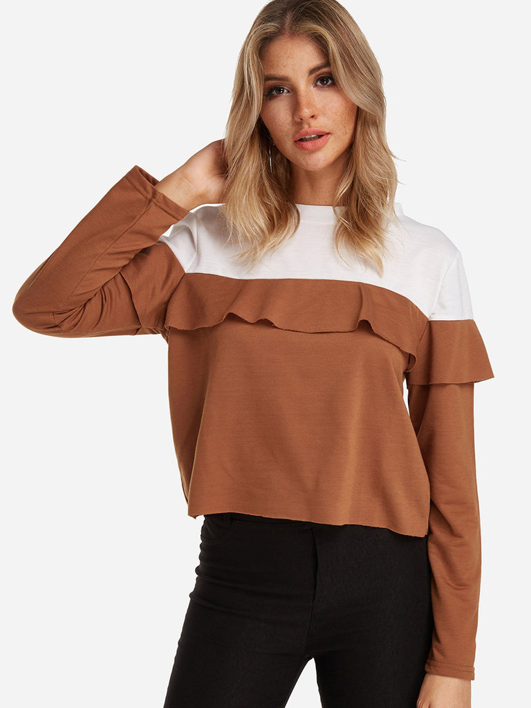 Round Neck Long Sleeve Flounced Hem Coffee T-Shirts