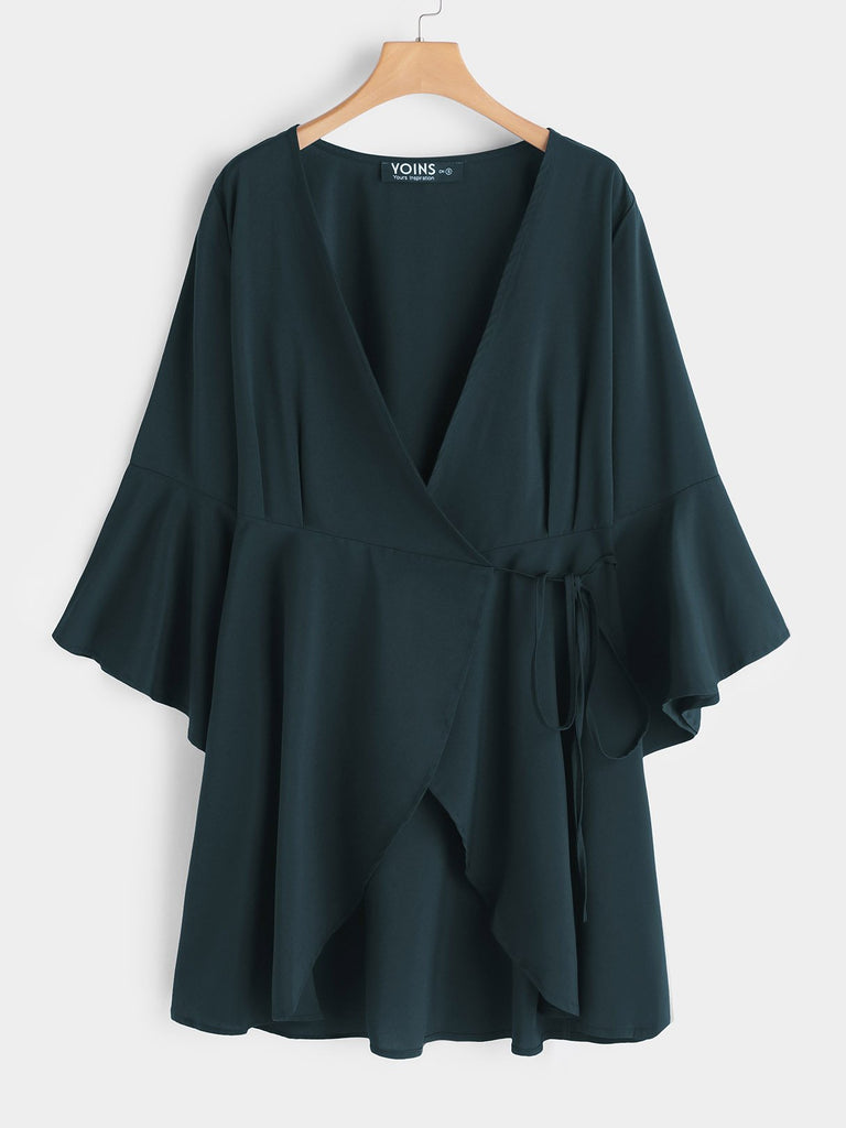 Green Deep V Neck Long Sleeve Plain Self-Tie Irregular Hem Mini Dress