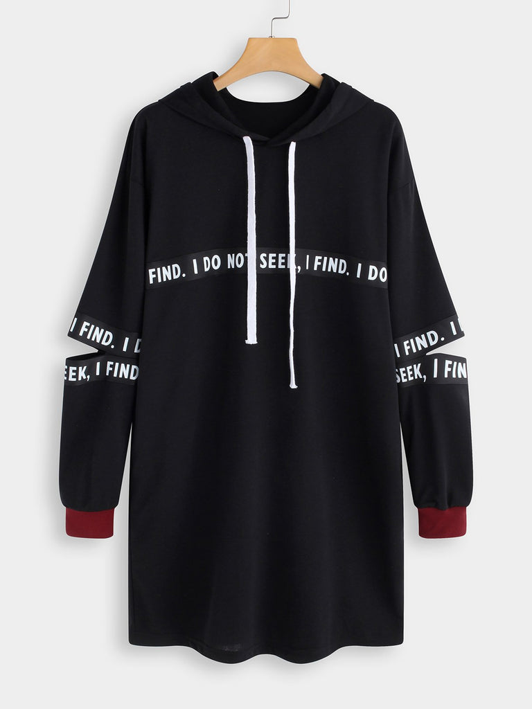 Black Long Sleeve Letter Hooded Cut Out Casual Dress