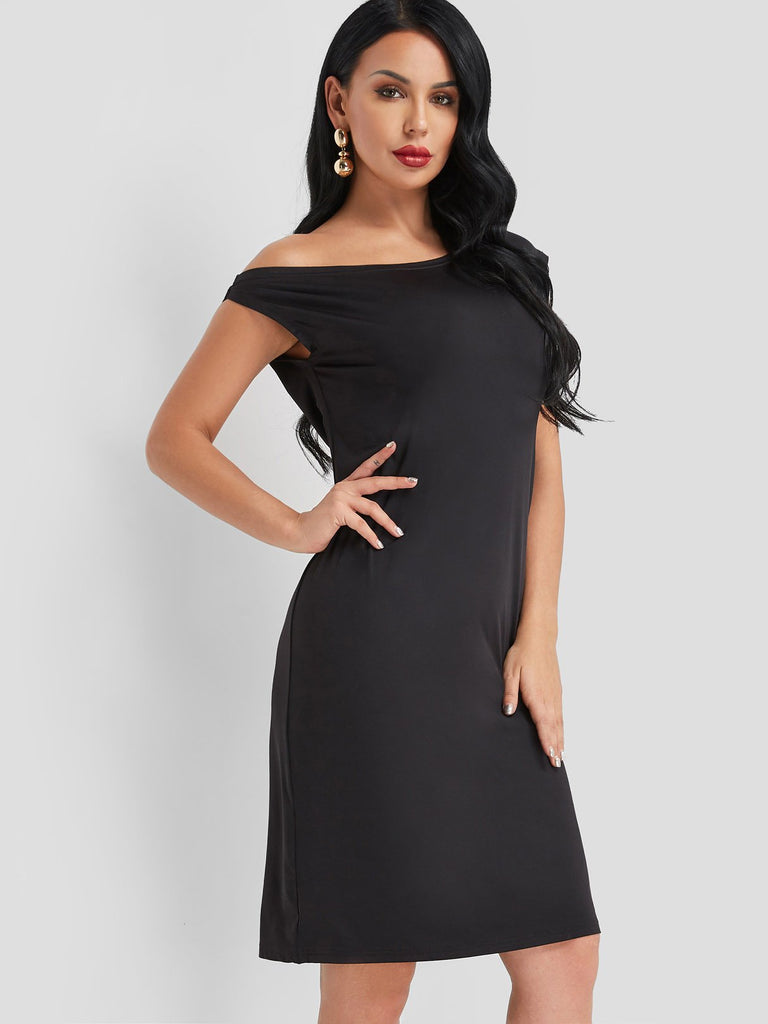 Black One Shoulder Short Sleeve Plain Midi Dress