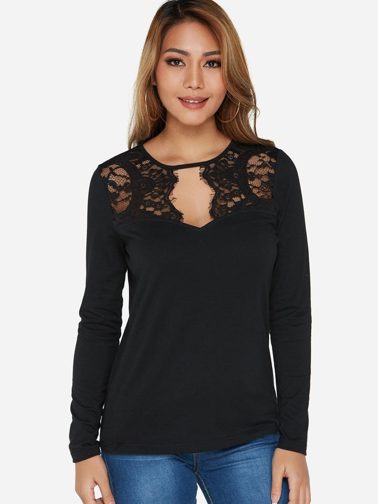 Round Neck Plain Lace Long Sleeve Black Fashion T-Shirt