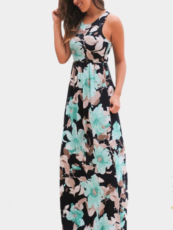 Green Sleeveless Floral Print Maxi Dresses