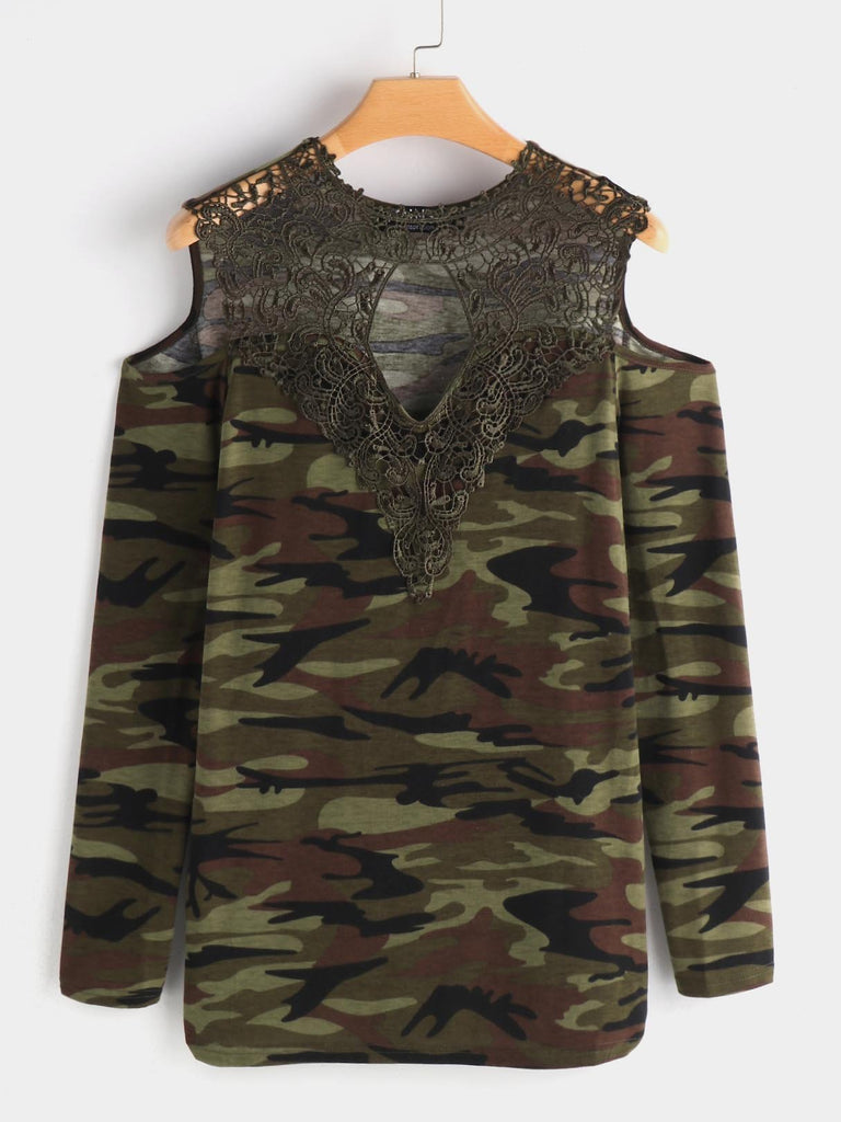 Round Neck Cold Shoulder Camouflage Lace Hollow Cut Out Long Sleeve Camo T-Shirts
