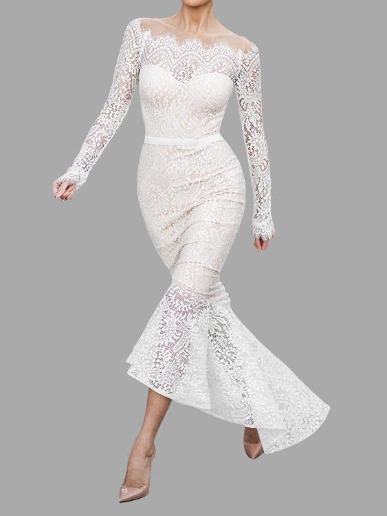 White Off The Shoulder Long Sleeve Lace Zip Back Flounced Hem Maxi Dresses