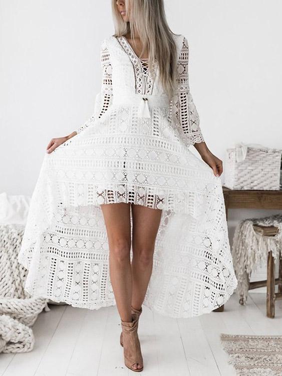 White Deep V-Neck 3/4 Sleeve Length Plain Crochet Lace Embellished Zip Back Hollow Curved Hem Dresses