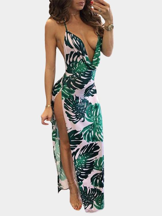 Deep V Neck Floral Print Backless Slit Hem Maxi Dress