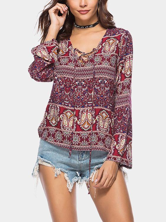 V-Neck Lace-Up Long Sleeve Blouses