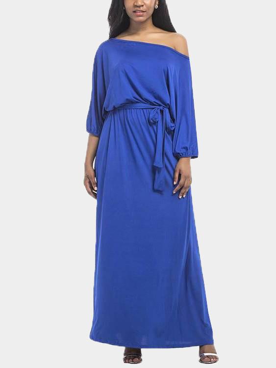 Off The Shoulder 3/4 Length Sleeve Plain Maxi Dress