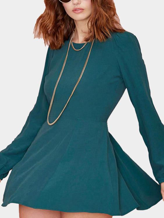 Green Round Neck Long Sleeve Backless Mini Dress