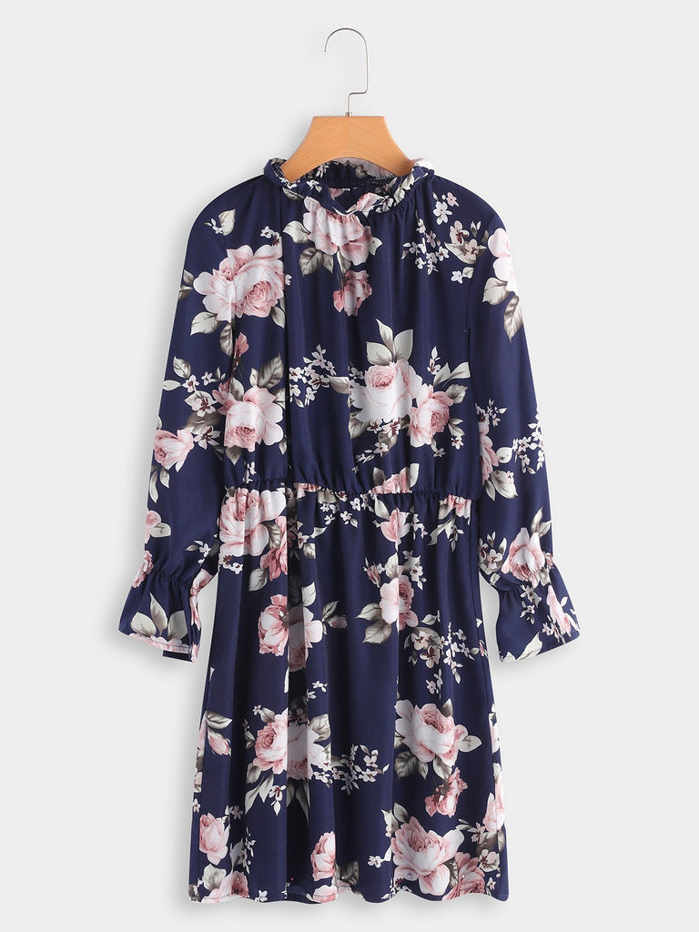 Navy Crew Neck 3/4 Sleeve Length Floral Print Pleated Dresses