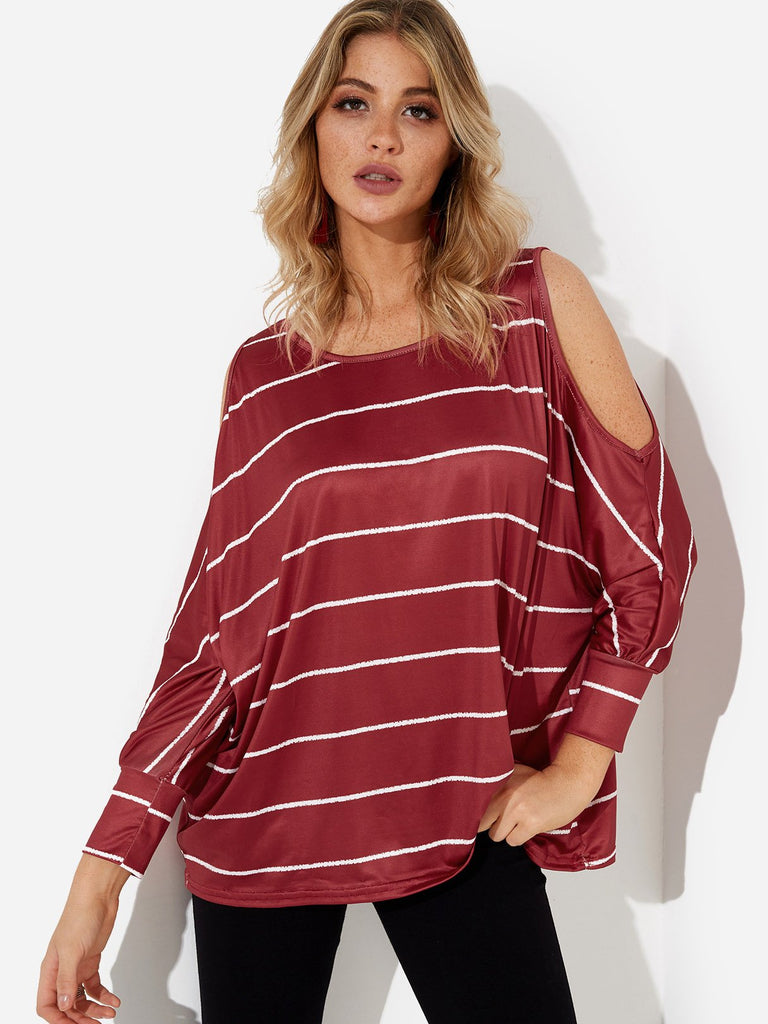 Crew Neck Cold Shoulder Stripe Cut Out Long Sleeve Top