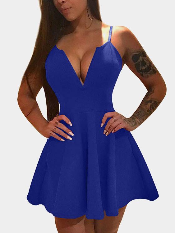 Deep V Neck Sleeveless Plain Zip Back Backless Spaghetti Strap Mini Dresses