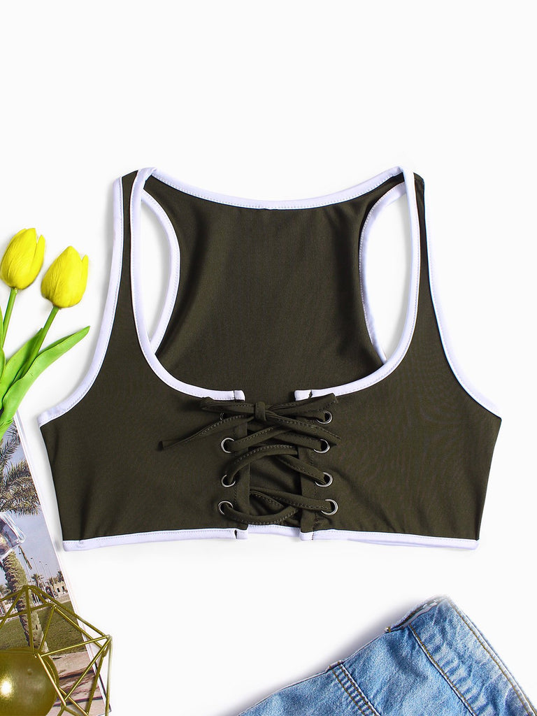 Lace-Up Sleeveless Army Green Camis