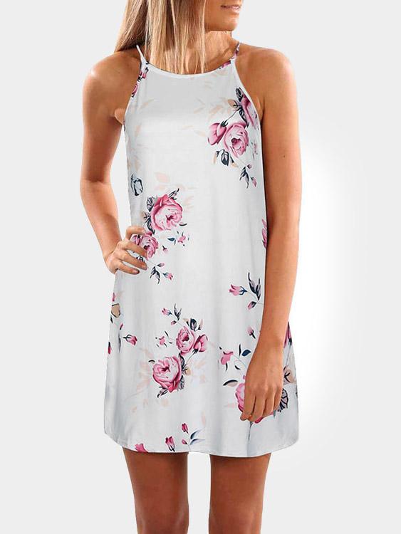 Halter Sleeveless Floral Print Fashion Mini Dress