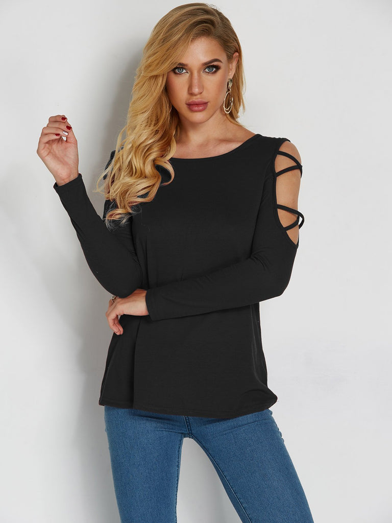 Round Neck Plain Lace-Up Cut Out Long Sleeve Black T-Shirts