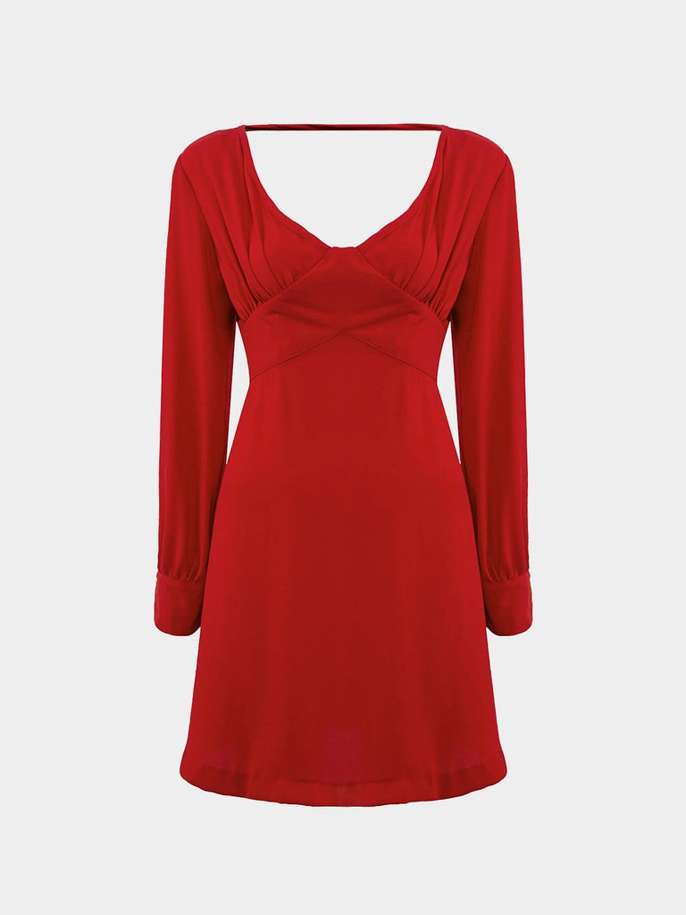 Burgundy V-Neck Long Sleeve Crossed Front Dresses