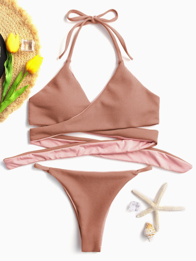 Halter Sleeveless Crossed Front Two Piece Bikinis