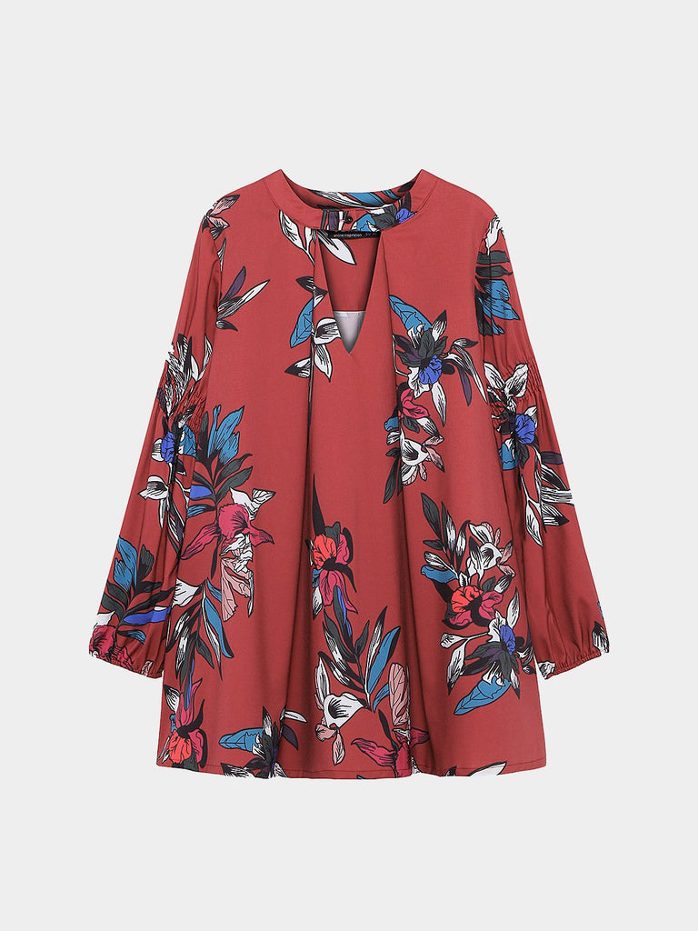 Crew Neck Long Sleeve Floral Print Cut Out Curved Hem Shirt Dresses