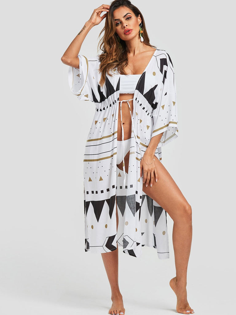 Geometrical Slit Tie-Up 3/4 Length Sleeve White Beach Dresses 