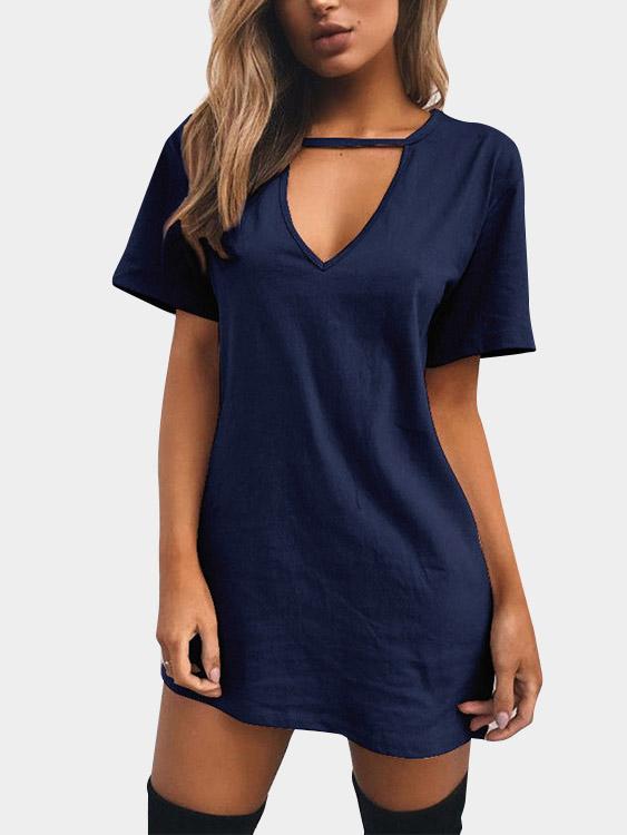 Navy V-Neck Short Sleeve Plain Cut Out Shirt Dresses