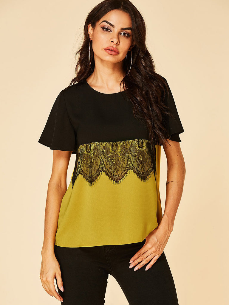 Round Neck Lace Short Sleeve Fashion Tee
