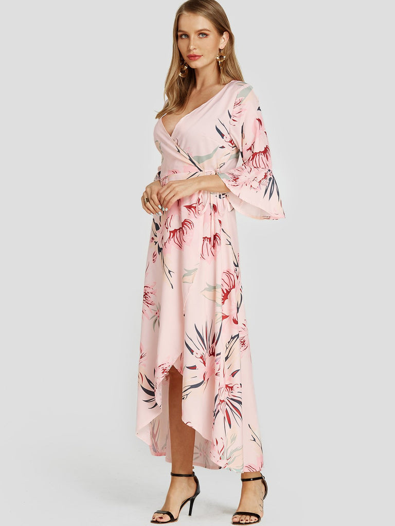 Pink V-Neck Floral Print Self-Tie Wrap Slit Hem Dresses