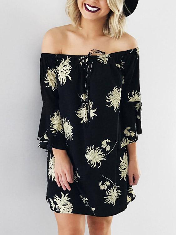 Black Off The Shoulder 3/4 Length Sleeve Floral Print Fashion Mini Dress