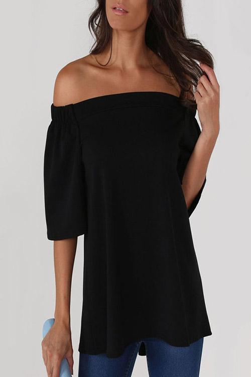 Off The Shoulder Slit Half Sleeve Irregular Hem Black T-Shirts