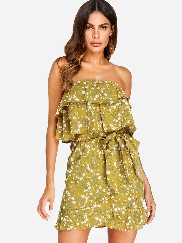 Yellow Strapless Sleeveless Floral Print Tiered Self-Tie Flounced Hem Mini Dresses