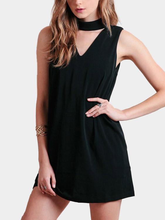 Black V-Neck Sleeveless Mini Dress