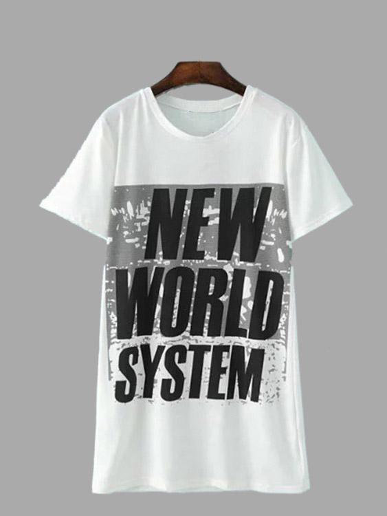 Round Neck New World System Print Longline Loose White T-Shirts